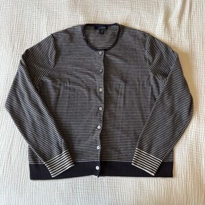 Lands End Womens Nautical Striped Cardigan MP Black White Supima Cotton Preppy